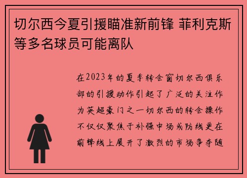切尔西今夏引援瞄准新前锋 菲利克斯等多名球员可能离队