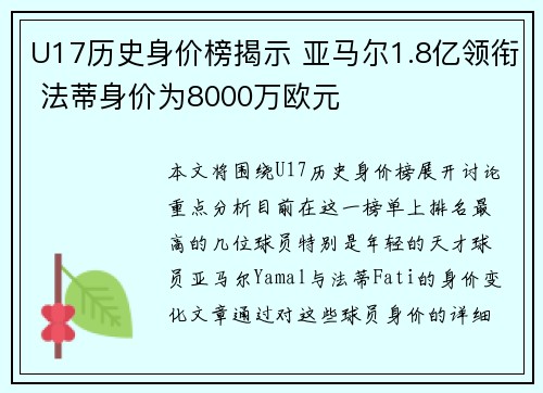 U17历史身价榜揭示 亚马尔1.8亿领衔 法蒂身价为8000万欧元