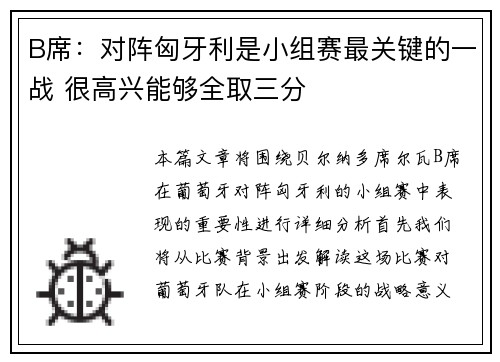 B席：对阵匈牙利是小组赛最关键的一战 很高兴能够全取三分